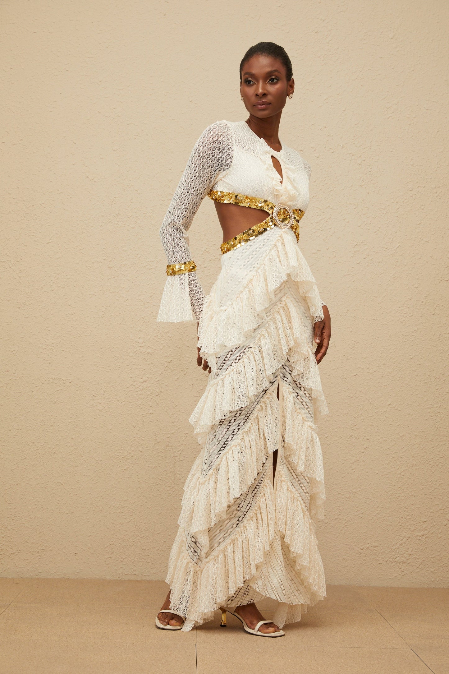 Dorée Neutral Ruffled Sequin Lace Maxi Dress