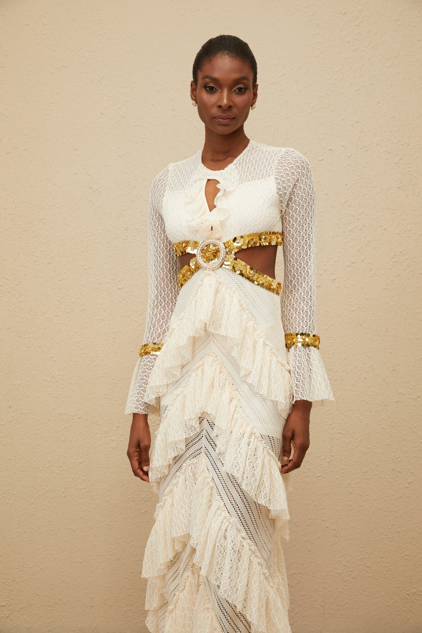 Dorée Neutral Ruffled Sequin Lace Maxi Dress
