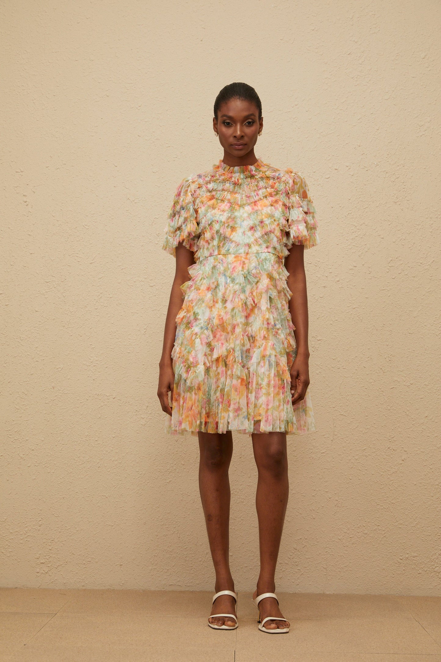 Danaé Orange Tiered Tulle Floral Print Mini Dress