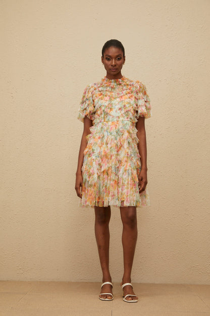 Danaé Orange Tiered Tulle Floral Print Mini Dress
