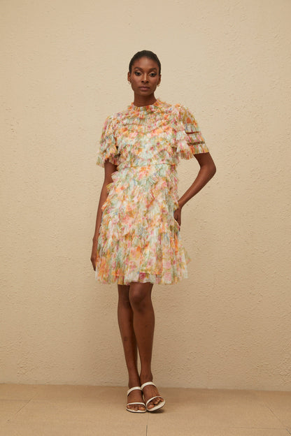 Danaé Orange Tiered Tulle Floral Print Mini Dress