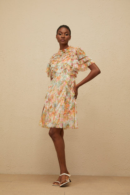 Danaé Orange Tiered Tulle Floral Print Mini Dress