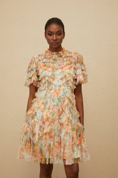 Danaé Orange Tiered Tulle Floral Print Mini Dress