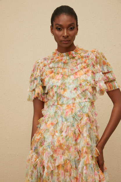 Danaé Orange Tiered Tulle Floral Print Mini Dress