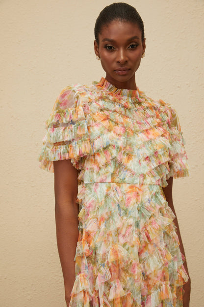 Danaé Orange Tiered Tulle Floral Print Mini Dress