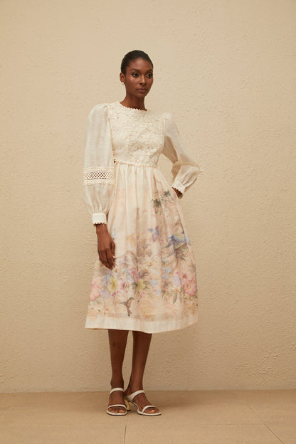 Isabella Beige Floral Embroidered Midi Dress