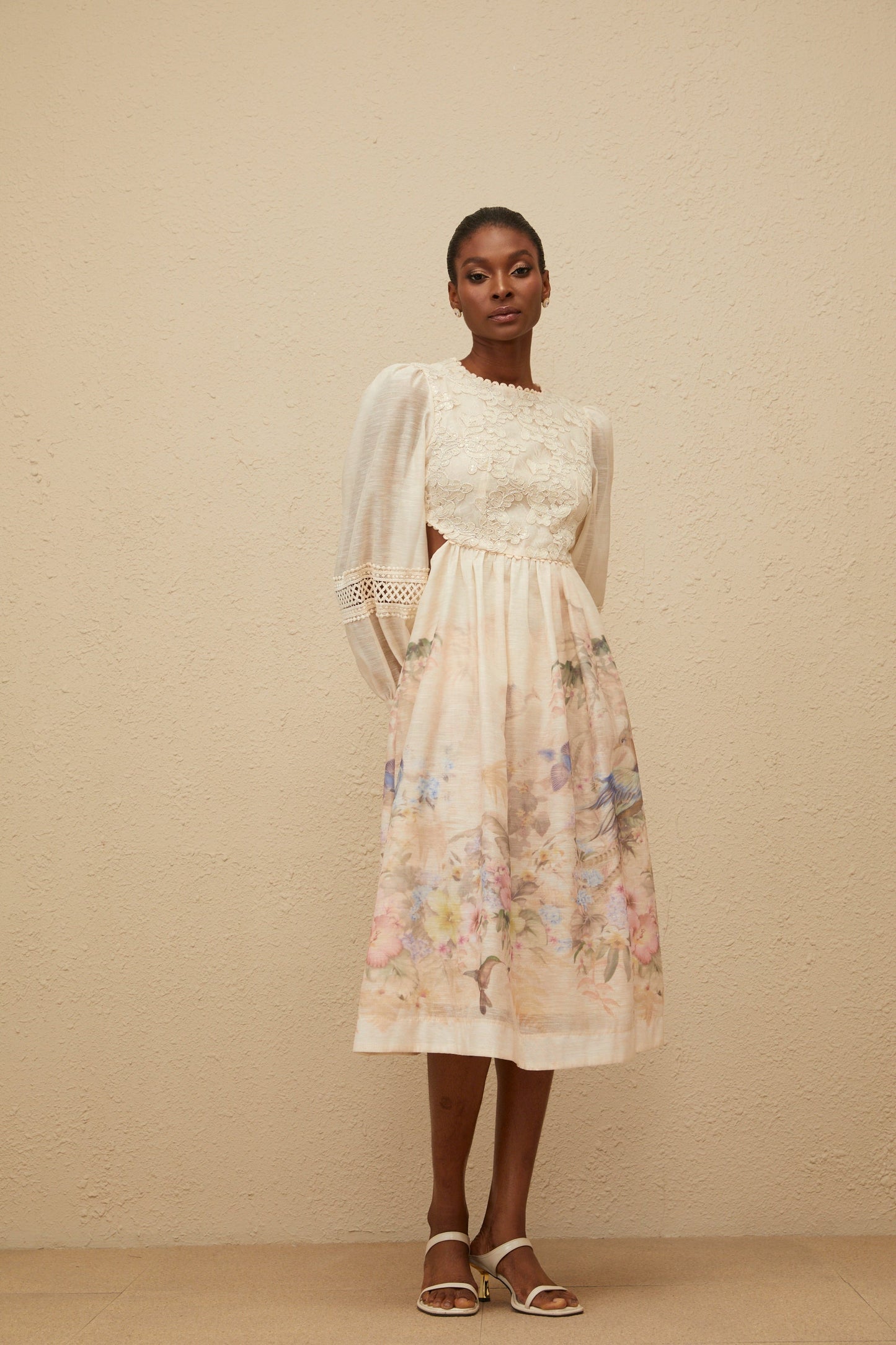 Isabella Beige Floral Embroidered Midi Dress