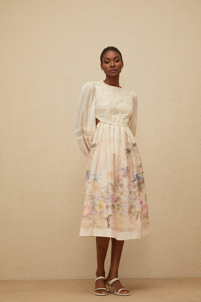 Isabella Beige Floral Embroidered Midi Dress