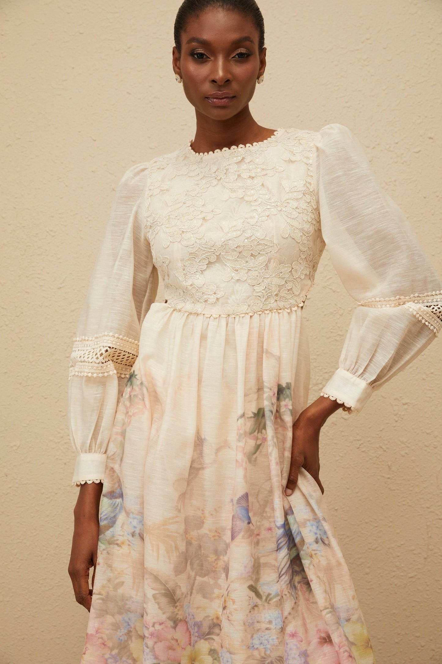 Isabella Beige Floral Embroidered Midi Dress