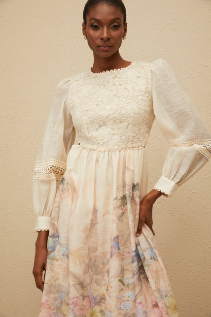 Isabella Beige Floral Embroidered Midi Dress