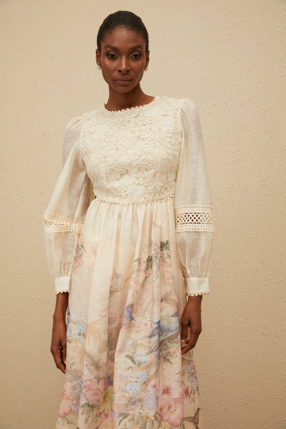 Isabella Beige Floral Embroidered Midi Dress