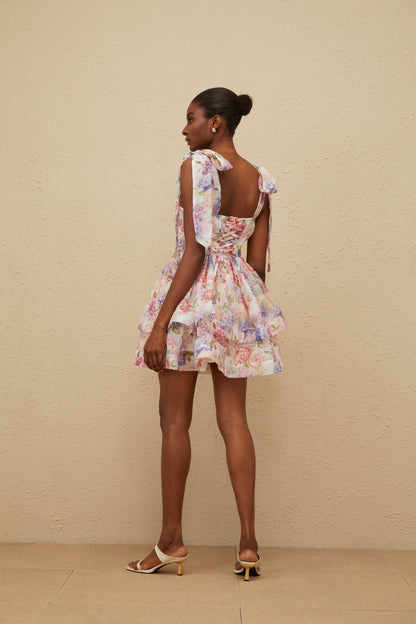 Hélène Pink Flounced Floral Print Mini Dress