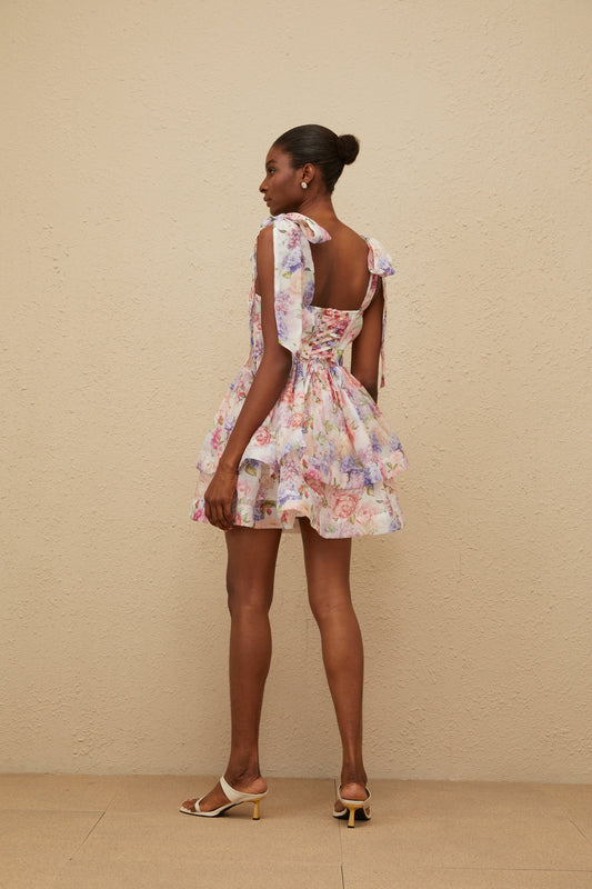 Hélène Pink Flounced Floral Print Mini Dress