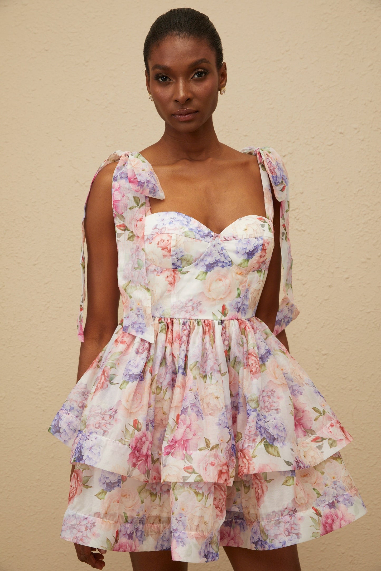 Hélène Pink Flounced Floral Print Mini Dress