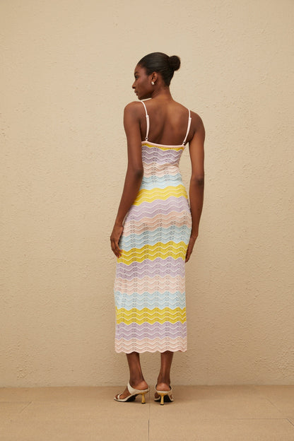 Véronique Pink Wave Knit Crochet Midi Dress
