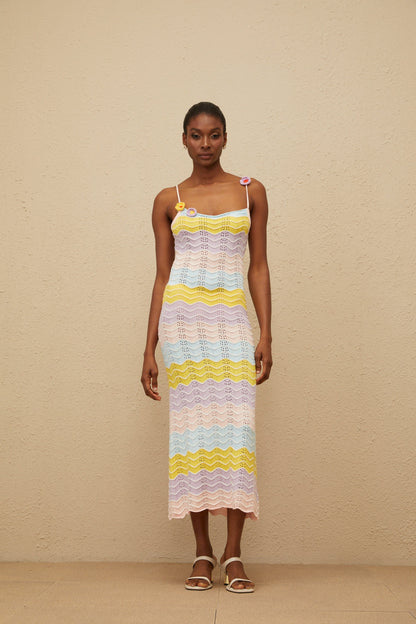 Véronique Pink Wave Knit Crochet Midi Dress