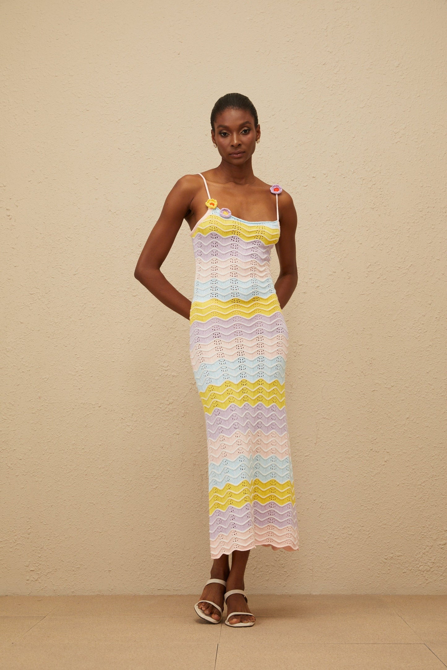 Véronique Pink Wave Knit Crochet Midi Dress