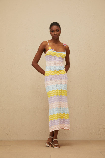 Véronique Pink Wave Knit Crochet Midi Dress