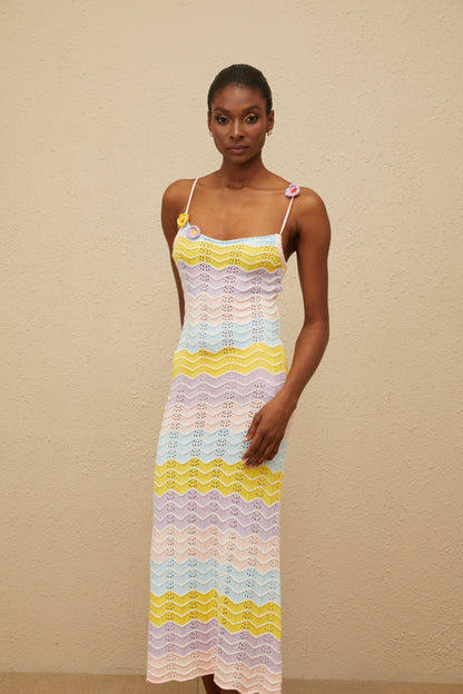 Véronique Pink Wave Knit Crochet Midi Dress