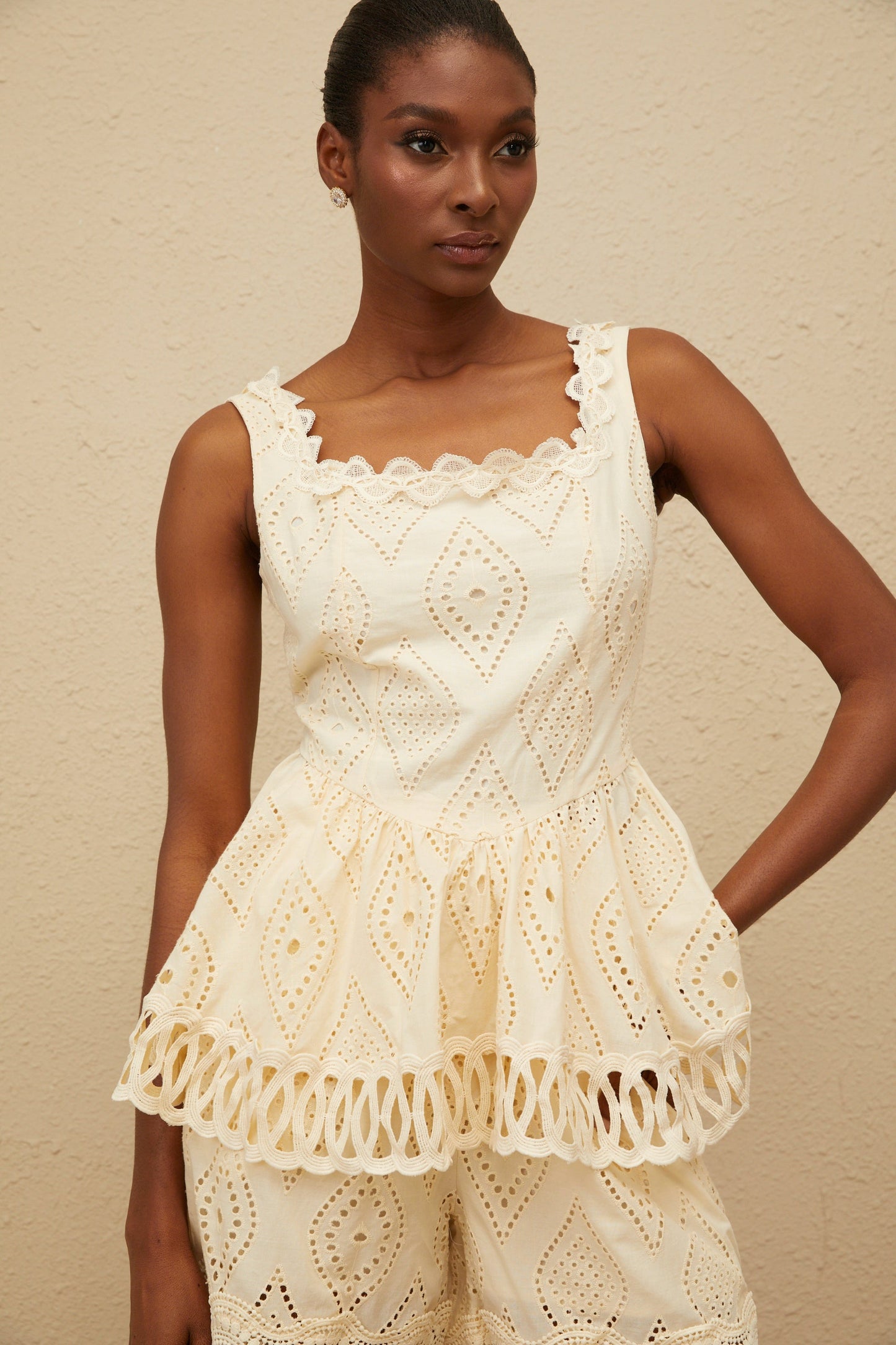 Katell Beige Embroidered Cutout Co-ord Set