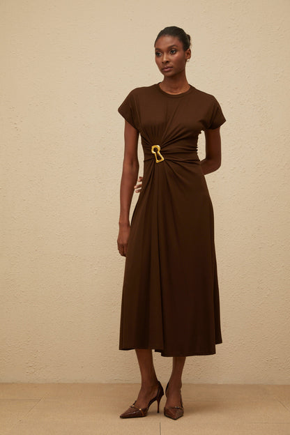Ophélie Brown Gathered Keyhole Midi Dress