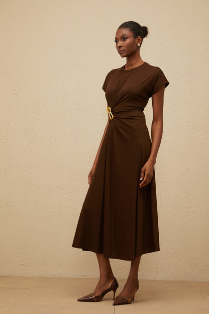 Ophélie Brown Gathered Keyhole Midi Dress