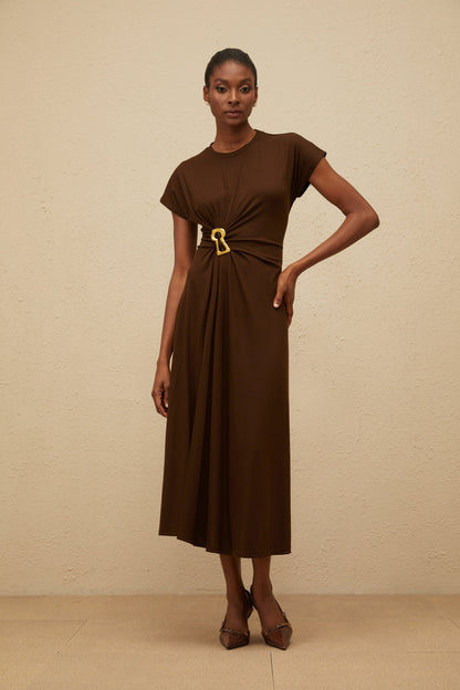 Ophélie Brown Gathered Keyhole Midi Dress