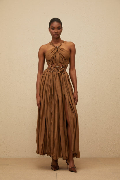 Déotille Brown Braided Cutout Shirred Midi Dress