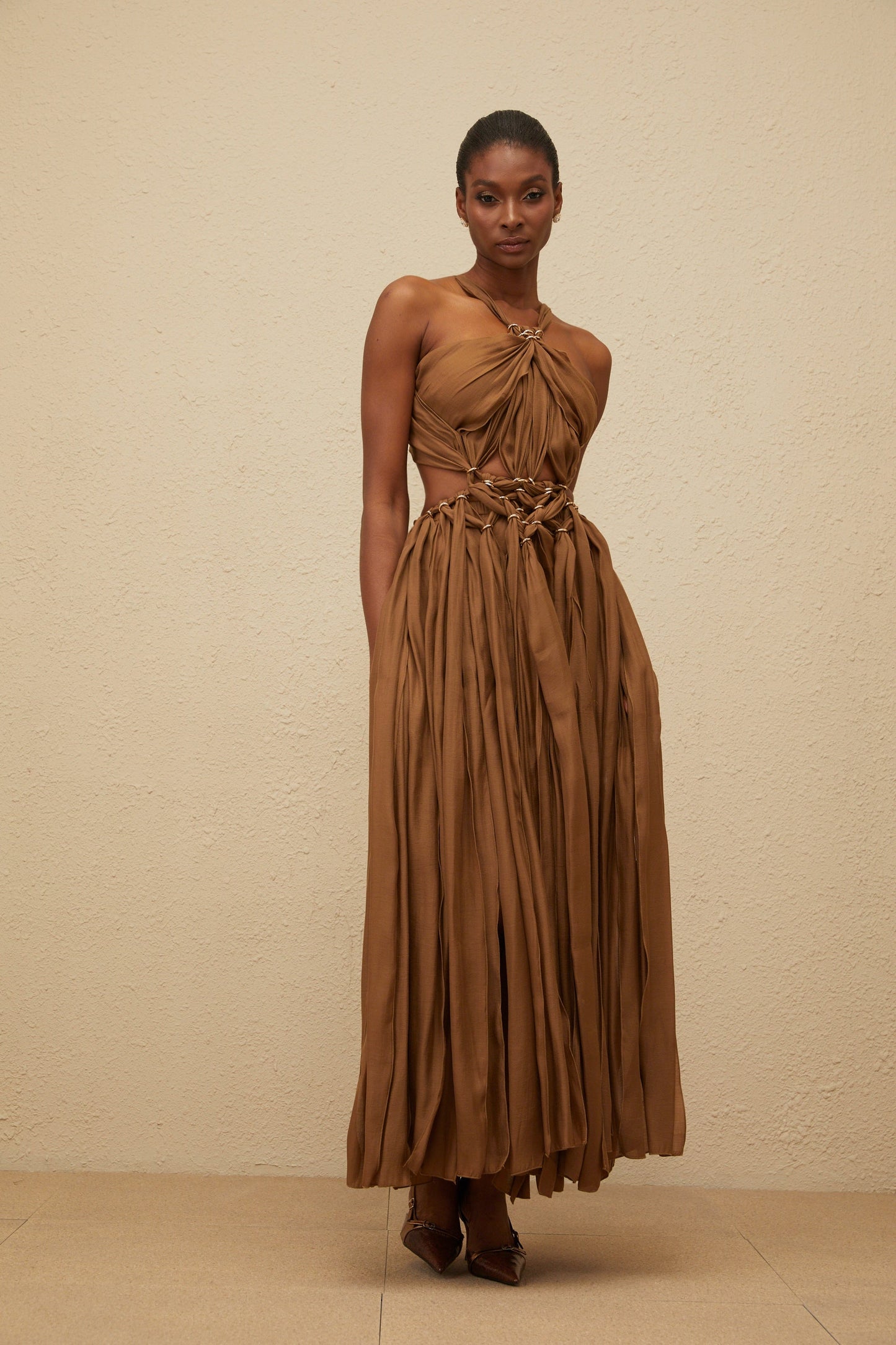 Déotille Brown Braided Cutout Shirred Midi Dress
