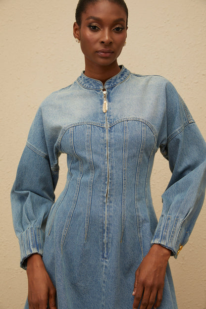 Esme Blue Flared Denim Mini Dress