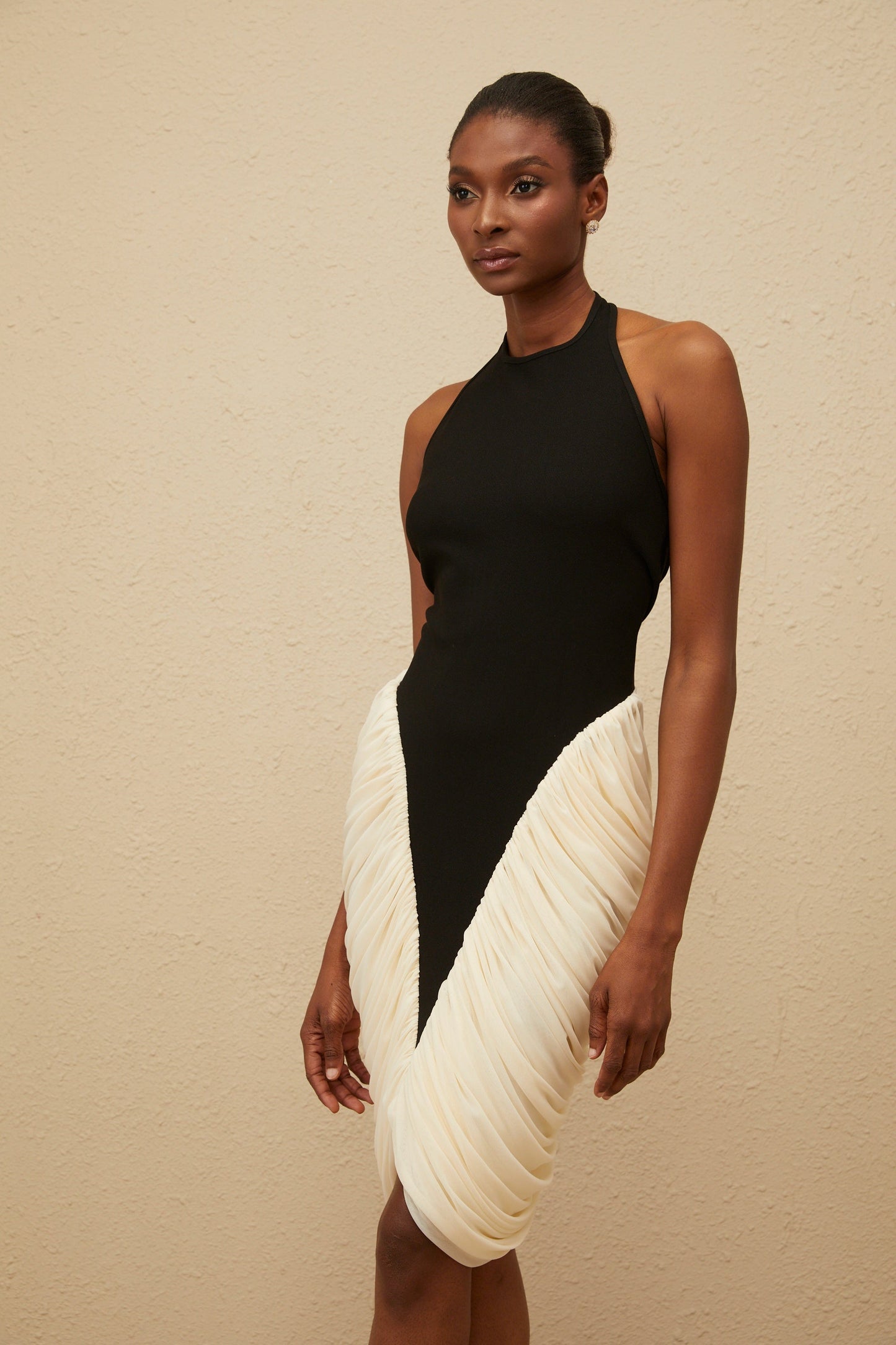 Jade Black Ruched Halterneck Midi Bodycon Dress