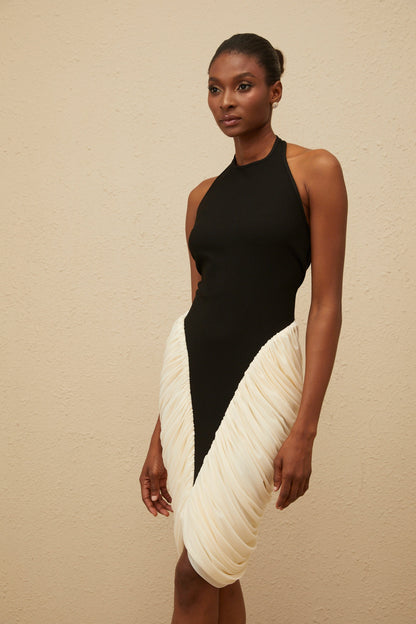 Jade Black Ruched Halterneck Midi Bodycon Dress