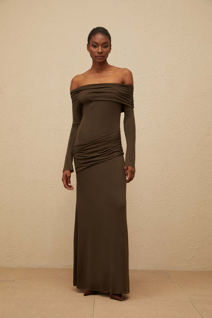 Sensuelle Green One-Shoulder Ruched Maxi Dress