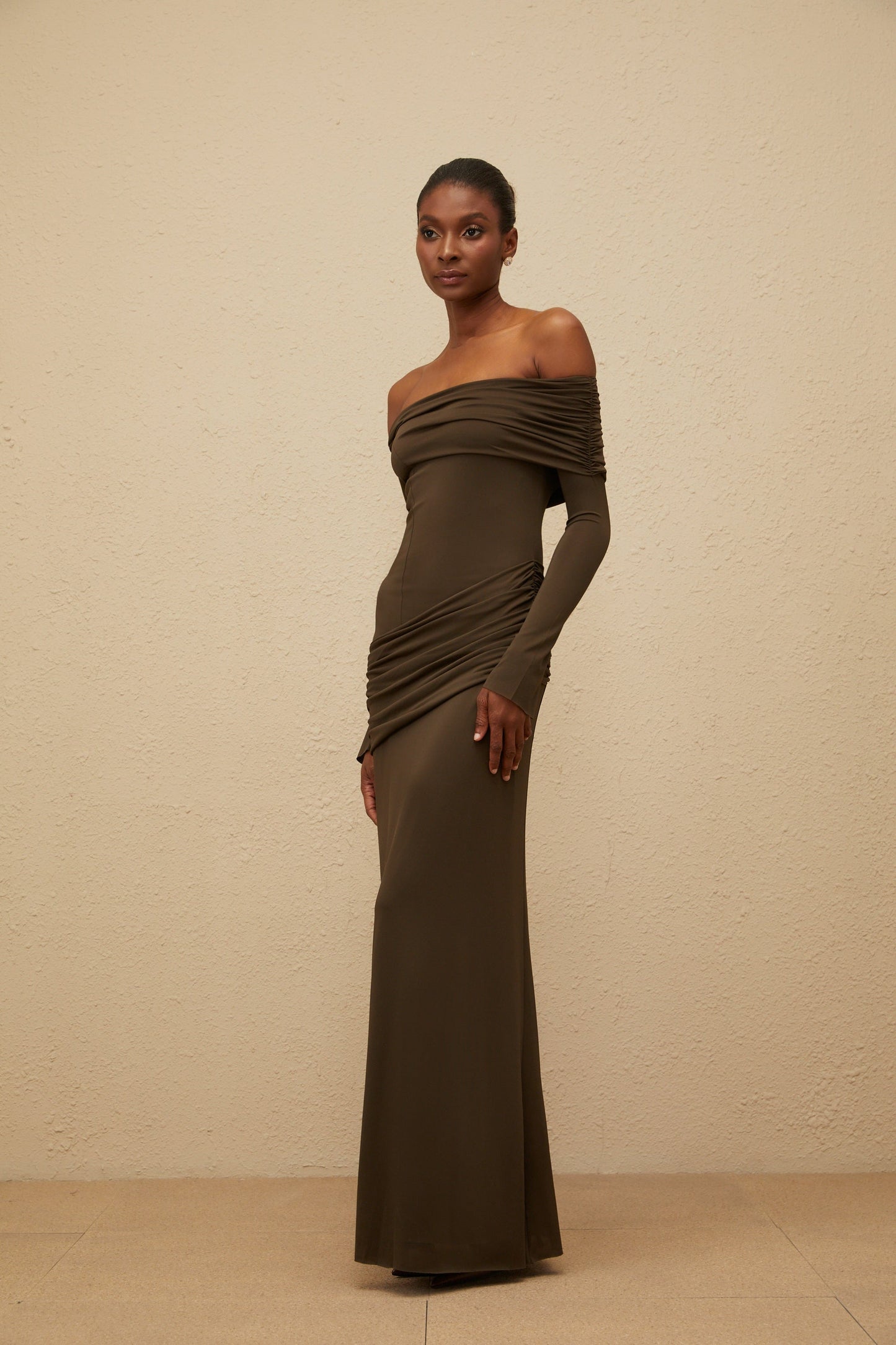 Sensuelle Green One-Shoulder Ruched Maxi Dress