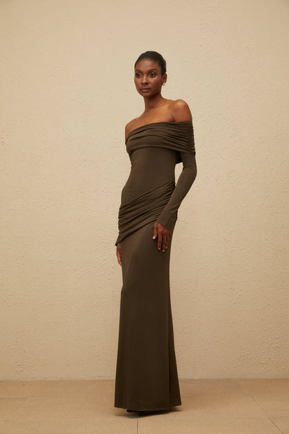 Sensuelle Green One-Shoulder Ruched Maxi Dress