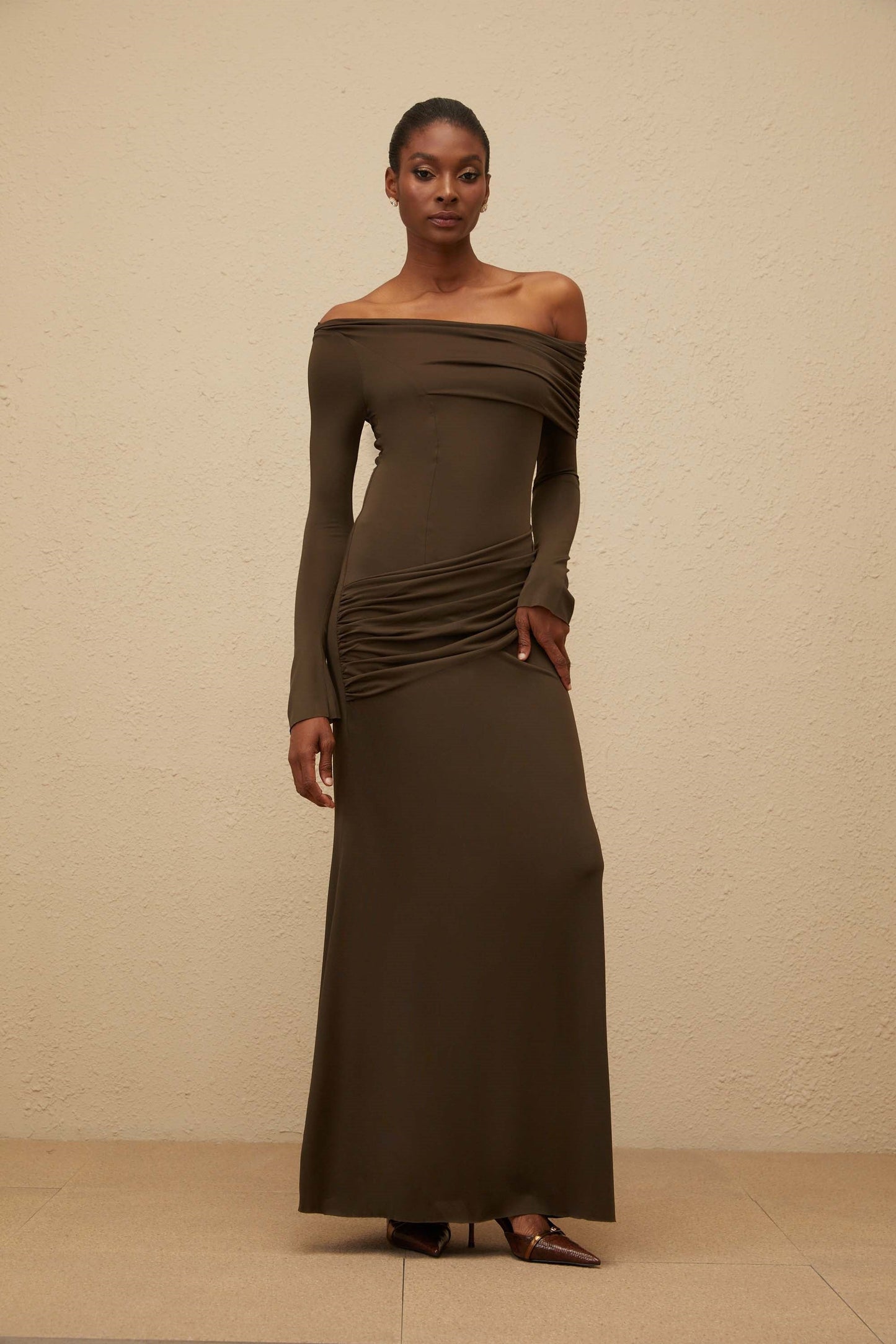 Sensuelle Green One-Shoulder Ruched Maxi Dress