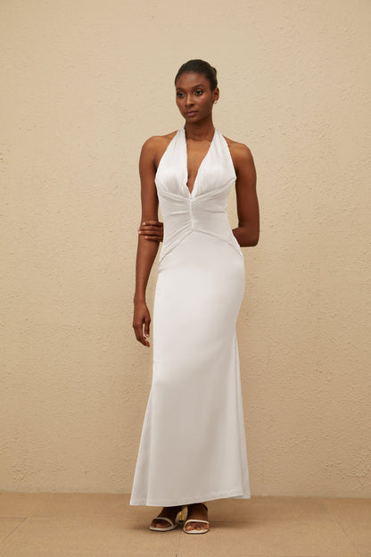 Colette White Halterneck Ruched Satin Gown