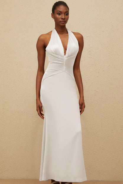 Colette White Halterneck Ruched Satin Gown