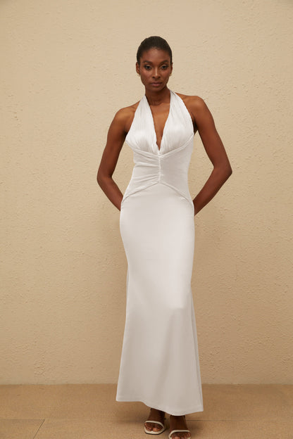 Colette White Halterneck Ruched Satin Gown