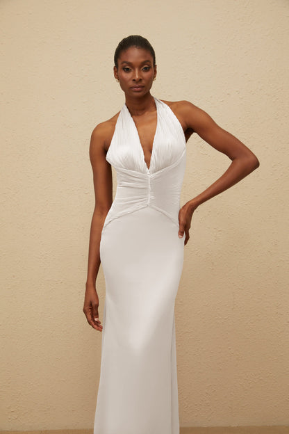 Colette White Halterneck Ruched Satin Gown