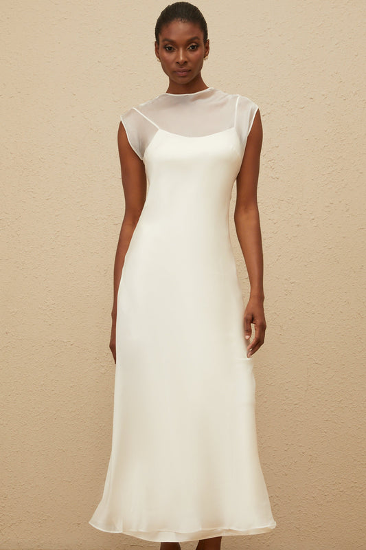 Epurée White Flared Tulle Maxi Dress