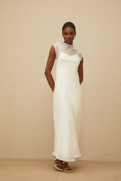 Epurée White Flared Tulle Maxi Dress
