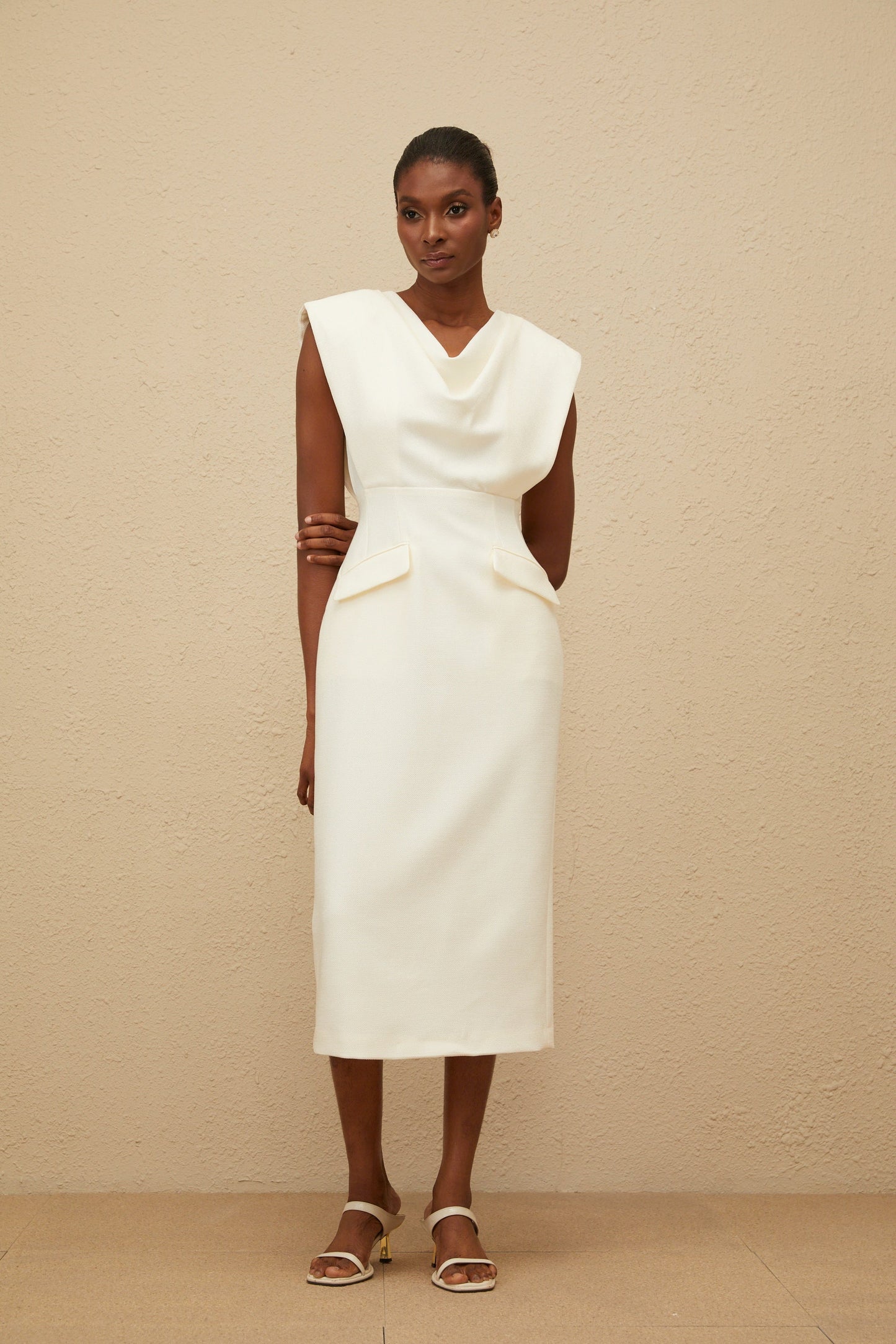 Ondine White Cowl-Neck Pencil Midi Dress