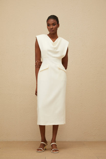 Ondine White Cowl-Neck Pencil Midi Dress