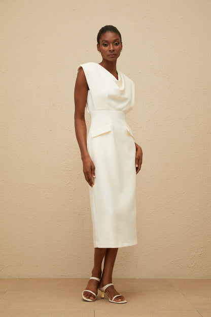 Ondine White Cowl-Neck Pencil Midi Dress