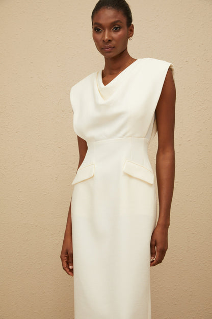 Ondine White Cowl-Neck Pencil Midi Dress