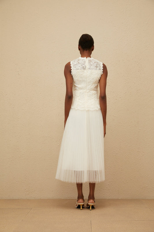 Léopoldine Floral Lace Tulle Panel Midi Dress