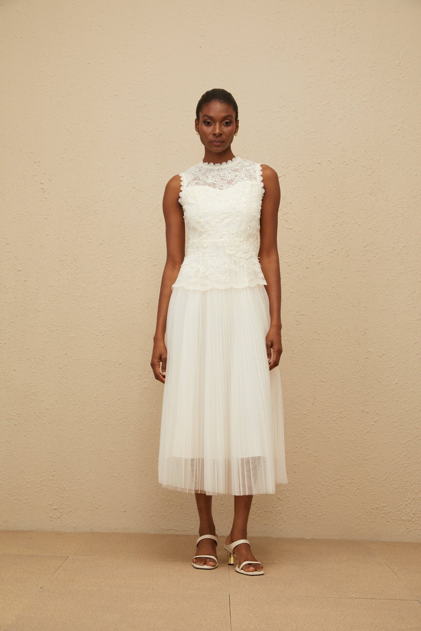 Léopoldine Floral Lace Tulle Panel Midi Dress