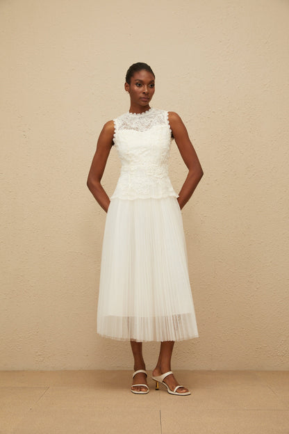 Léopoldine Floral Lace Tulle Panel Midi Dress