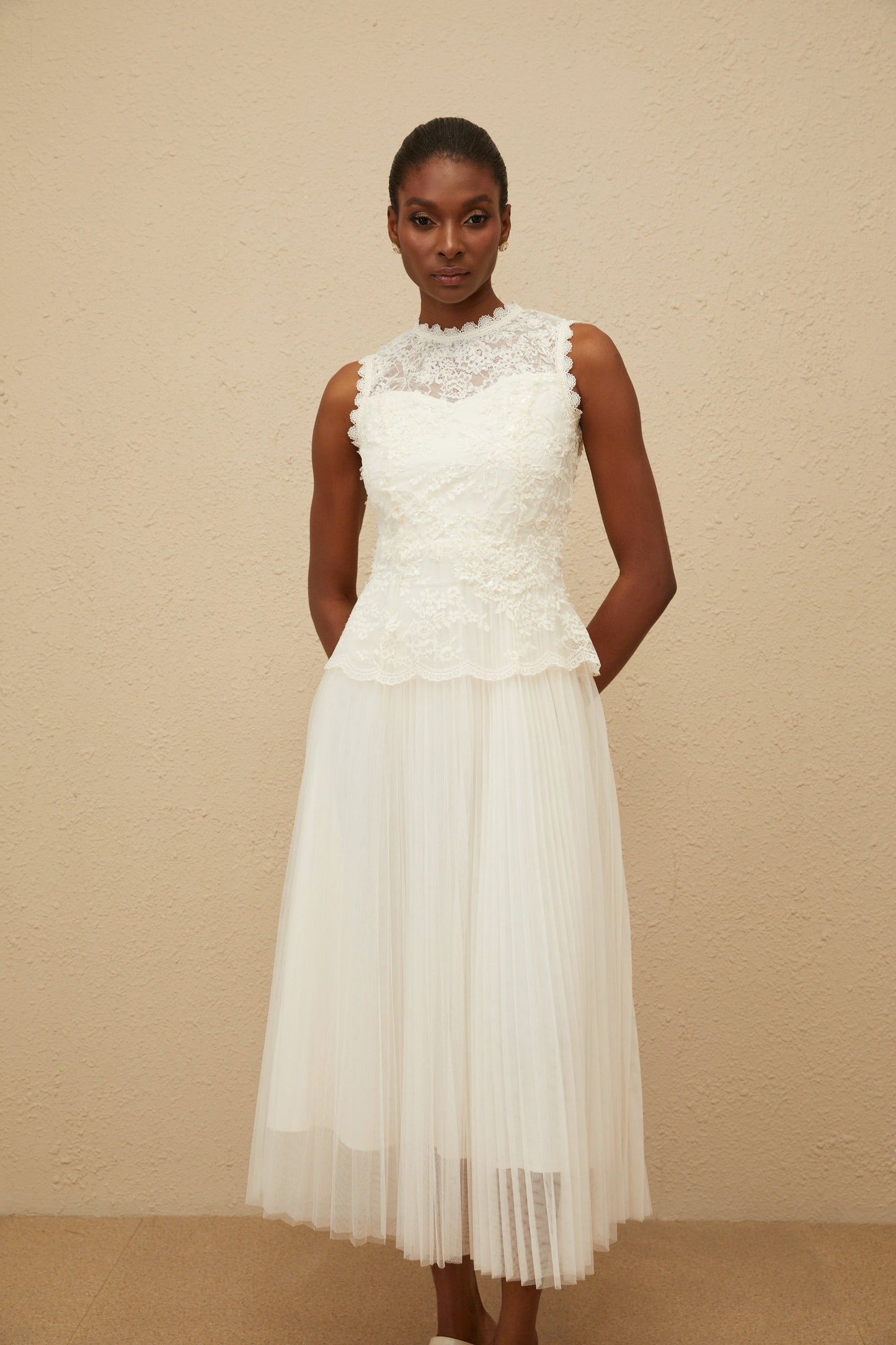 Léopoldine Floral Lace Tulle Panel Midi Dress